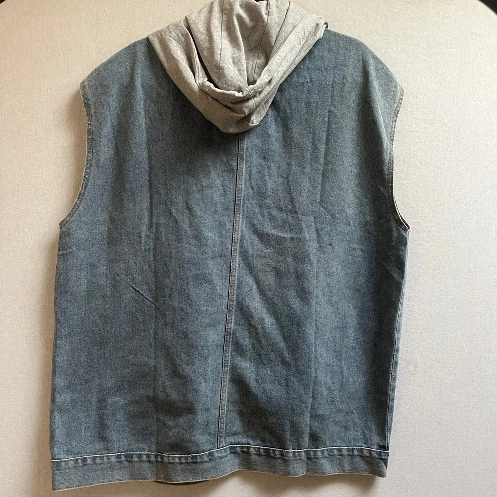Oversized Light Wash Denim Vest Detachable Gray Hood M - Picture 4 of 8